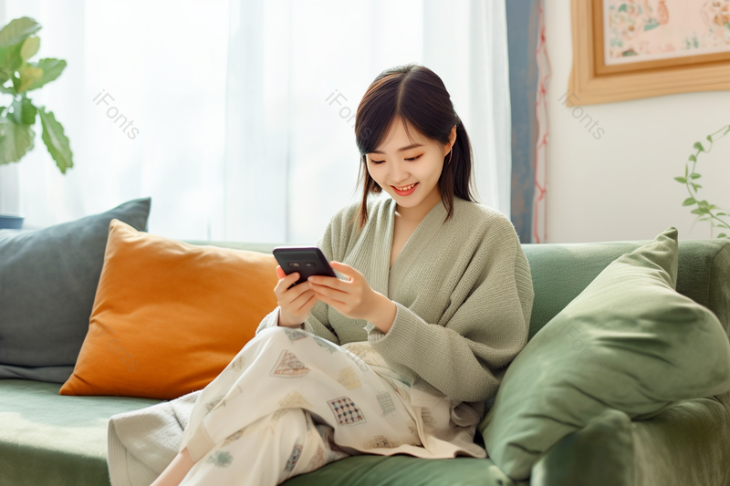 居家美女坐在客厅沙发上玩手机打游戏,高清,摄影图,摄影图片,图片大全,摄影图免费下载